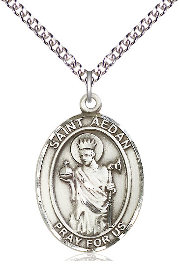 Sterling Silver Saint Aedan of Ferns Pendant on a 24 inch Sterling Silver Heavy Curb chain