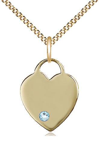 14kt Gold Filled Heart Pendant with a 3mm Aqua Swarovski stone on a 18 inch Gold Plate Light Curb chain