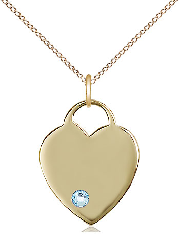 14kt Gold Filled Heart Pendant with a 3mm Aqua Swarovski stone on a 18 inch Gold Filled Light Curb chain