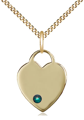 14kt Gold Filled Heart Pendant with a 3mm Emerald Swarovski stone on a 18 inch Gold Plate Light Curb chain