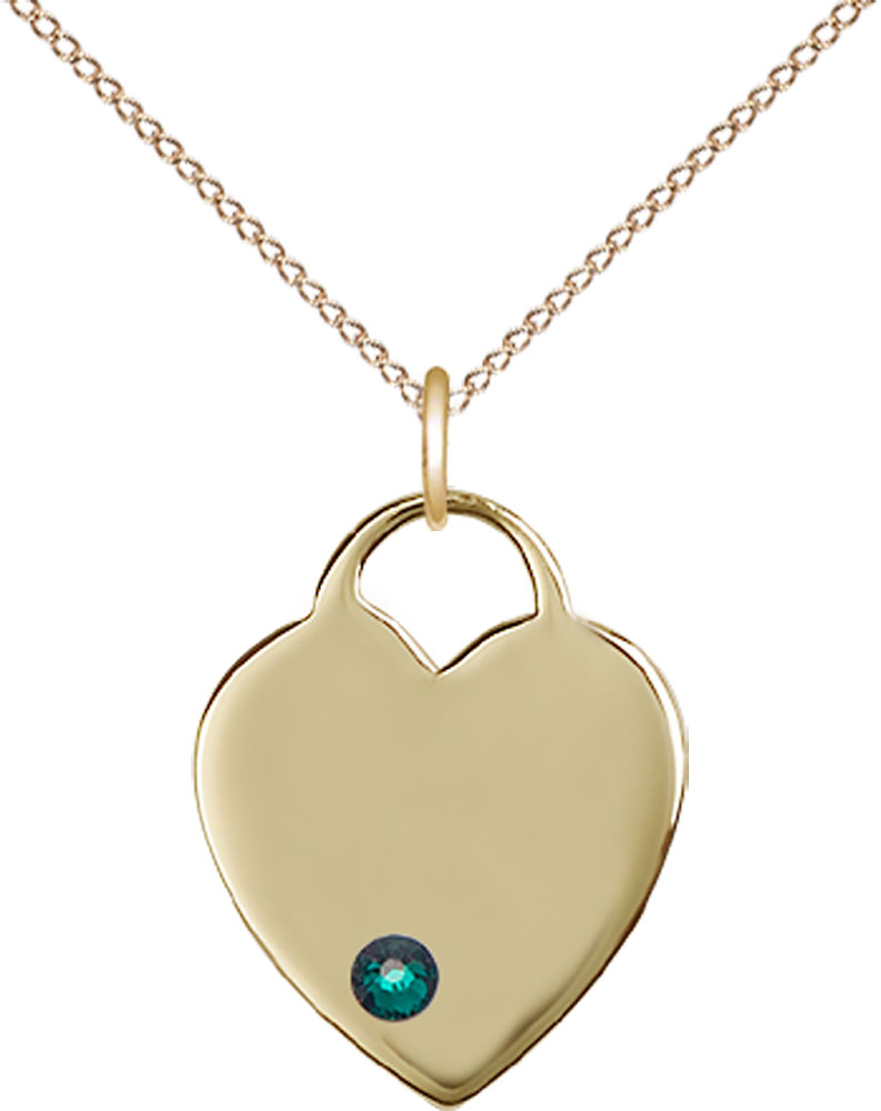 14kt Gold Filled Heart Pendant with a 3mm Emerald Swarovski stone on a 18 inch Gold Filled Light Curb chain