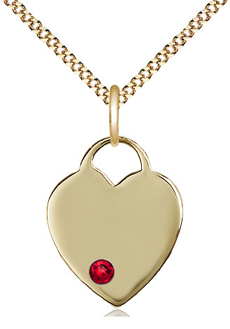 14kt Gold Filled Heart Pendant with a 3mm Ruby Swarovski stone on a 18 inch Gold Plate Light Curb chain