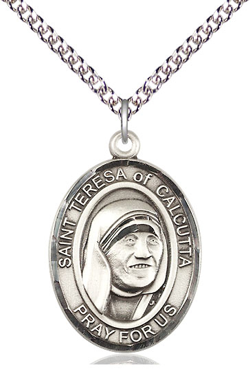 Sterling Silver Saint Teresa of Calcutta Pendant on a 24 inch Sterling Silver Heavy Curb chain