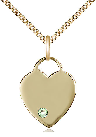 14kt Gold Filled Heart Pendant with a 3mm Peridot Swarovski stone on a 18 inch Gold Plate Light Curb chain