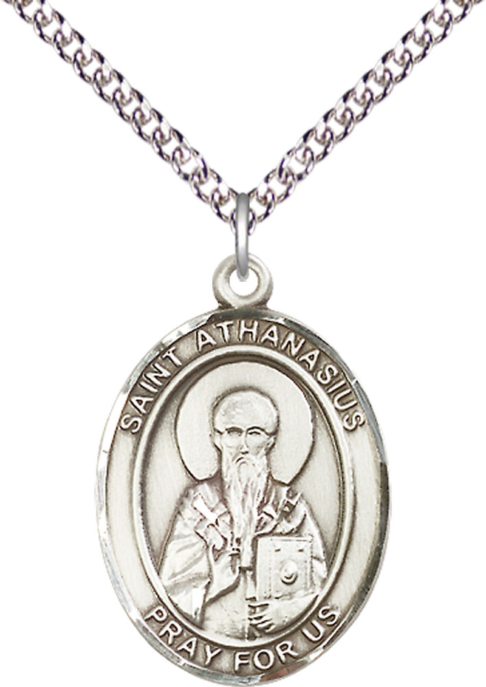 Sterling Silver Saint Athanasius Pendant on a 24 inch Sterling Silver Heavy Curb chain