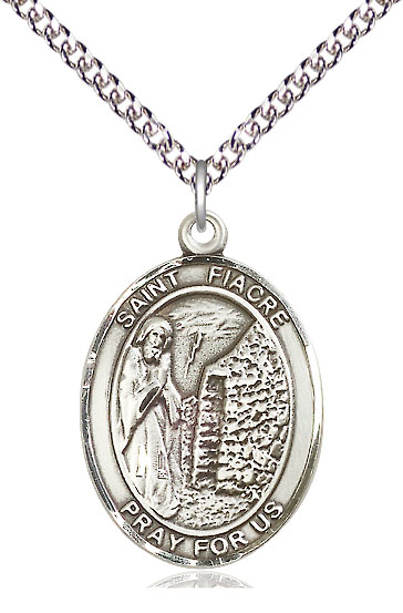 Sterling Silver Saint Fiacre Pendant on a 24 inch Sterling Silver Heavy Curb chain