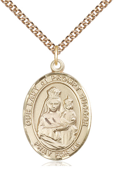 14kt Gold Filled Our Lady of Prompt Succor Pendant on a 24 inch Gold Filled Heavy Curb chain