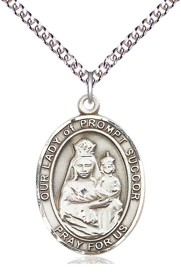 Sterling Silver Our Lady of Prompt Succor Pendant on a 24 inch Sterling Silver Heavy Curb chain