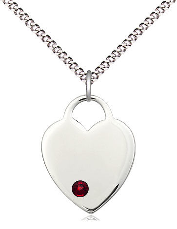 Sterling Silver Heart Pendant with a 3mm Garnet Swarovski stone on a 18 inch Light Rhodium Light Curb chain