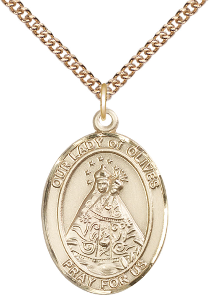 14kt Gold Filled Our Lady of Olives Pendant on a 24 inch Gold Filled Heavy Curb chain