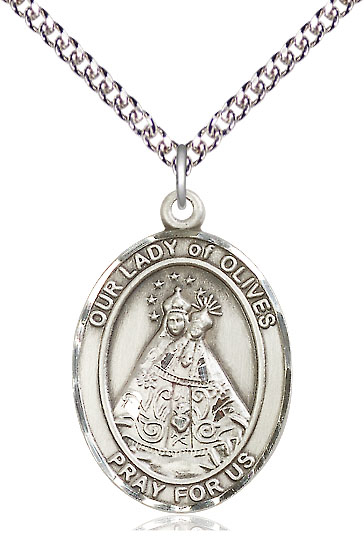 Sterling Silver Our Lady of Olives Pendant on a 24 inch Sterling Silver Heavy Curb chain