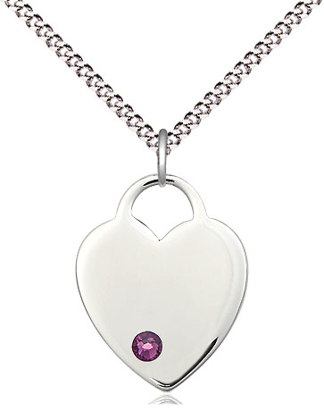 Sterling Silver Heart Pendant with a 3mm Amethyst Swarovski stone on a 18 inch Light Rhodium Light Curb chain