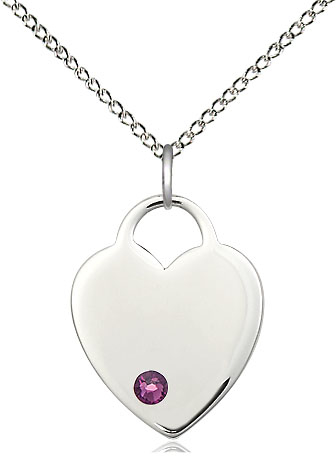 Sterling Silver Heart Pendant with a 3mm Amethyst Swarovski stone on a 18 inch Sterling Silver Light Curb chain