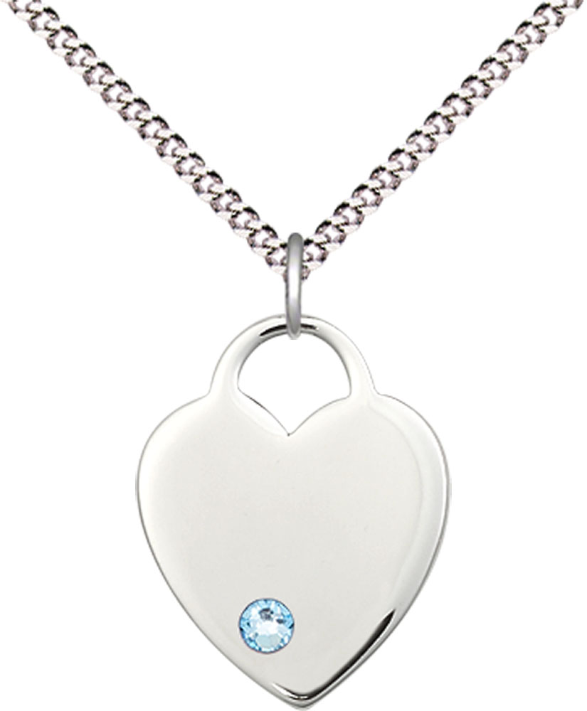 Sterling Silver Heart Pendant with a 3mm Aqua Swarovski stone on a 18 inch Light Rhodium Light Curb chain