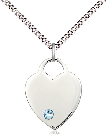 Sterling Silver Heart Pendant with a 3mm Aqua Swarovski stone on a 18 inch Light Rhodium Light Curb chain