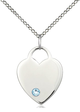 Sterling Silver Heart Pendant with a 3mm Aqua Swarovski stone on a 18 inch Sterling Silver Light Curb chain