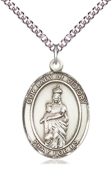 Sterling Silver Our Lady of Victory Pendant on a 24 inch Sterling Silver Heavy Curb chain