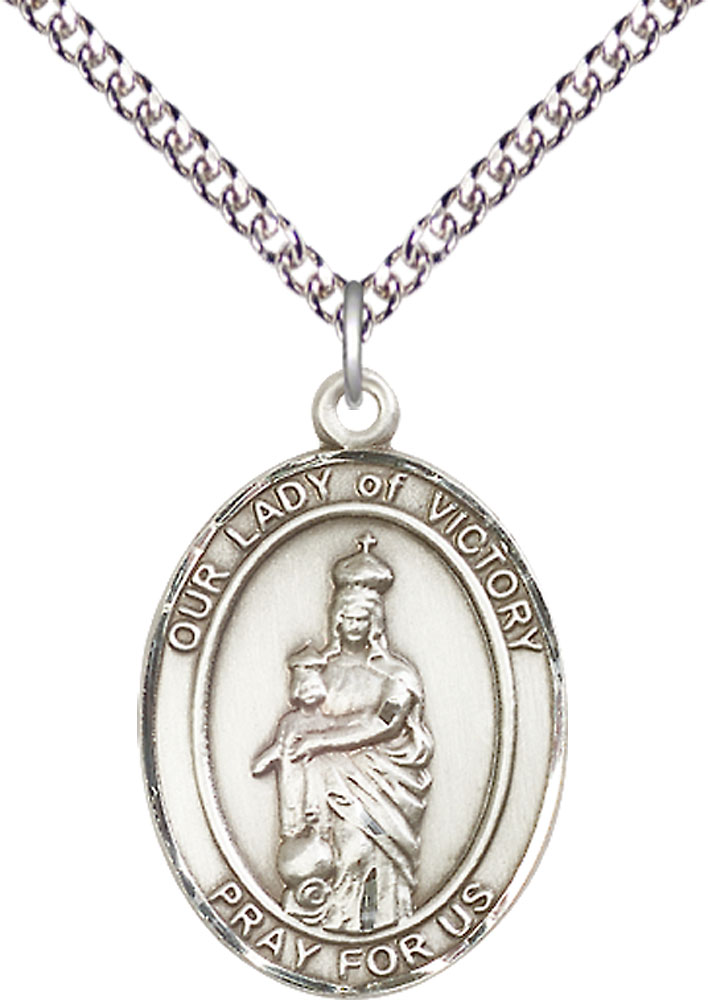 Sterling Silver Our Lady of Victory Pendant on a 24 inch Sterling Silver Heavy Curb chain
