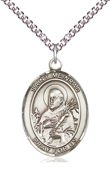 Sterling Silver Saint Meinrad of Einsideln Pendant on a 24 inch Sterling Silver Heavy Curb chain