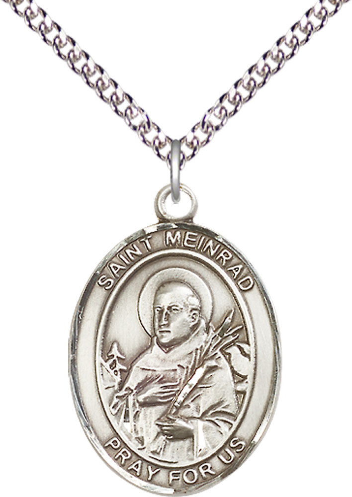 Sterling Silver Saint Meinrad of Einsideln Pendant on a 24 inch Sterling Silver Heavy Curb chain
