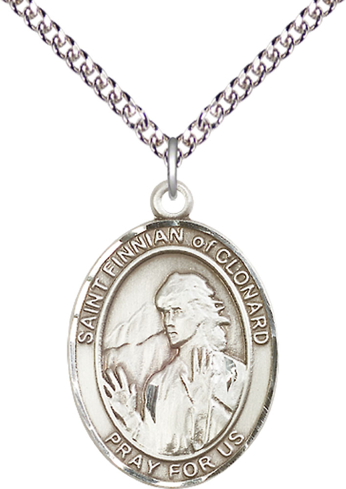 Sterling Silver Saint Finnian of Clonard Pendant on a 24 inch Sterling Silver Heavy Curb chain