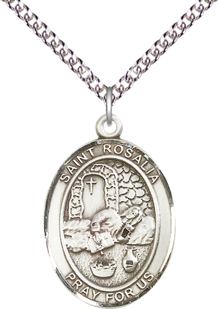 Sterling Silver Saint Rosalia Pendant on a 24 inch Sterling Silver Heavy Curb chain