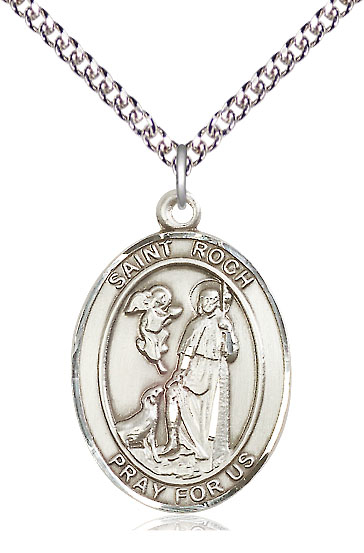 Sterling Silver Saint Roch Pendant on a 24 inch Sterling Silver Heavy Curb chain