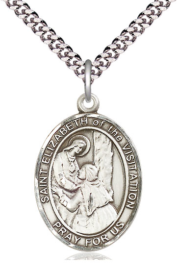 Sterling Silver Saint Elizabeth of the Visitation Pendant on a 24 inch Light Rhodium Heavy Curb chain