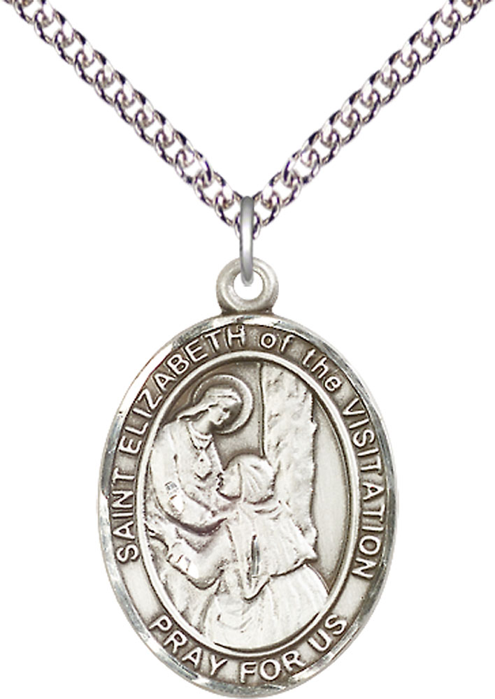 Sterling Silver Saint Elizabeth of the Visitation Pendant on a 24 inch Sterling Silver Heavy Curb chain
