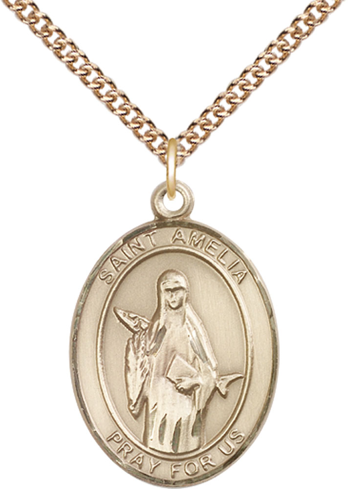 14kt Gold Filled Saint Amelia Pendant on a 24 inch Gold Filled Heavy Curb chain