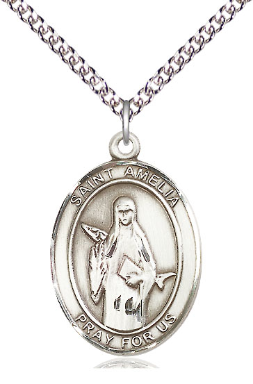 Sterling Silver Saint Amelia Pendant on a 24 inch Sterling Silver Heavy Curb chain