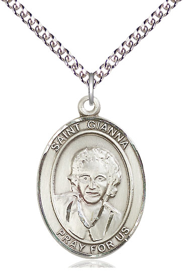 Sterling Silver Saint Gianna Pendant on a 24 inch Sterling Silver Heavy Curb chain
