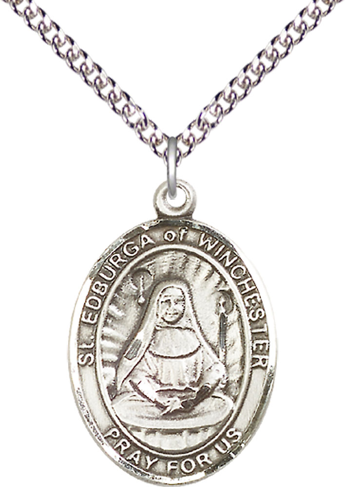 Sterling Silver Saint Edburga of Winchester Pendant on a 24 inch Sterling Silver Heavy Curb chain