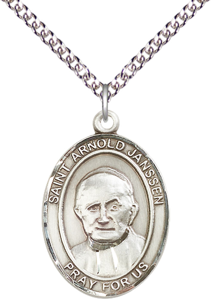 Sterling Silver Saint Arnold Janssen Pendant on a 24 inch Sterling Silver Heavy Curb chain