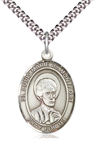 Sterling Silver Saint Louis Marie de Montfort Pendant on a 24 inch Light Rhodium Heavy Curb chain