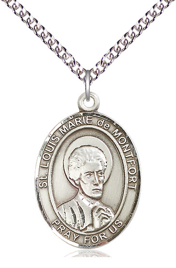 Sterling Silver Saint Louis Marie de Montfort Pendant on a 24 inch Sterling Silver Heavy Curb chain