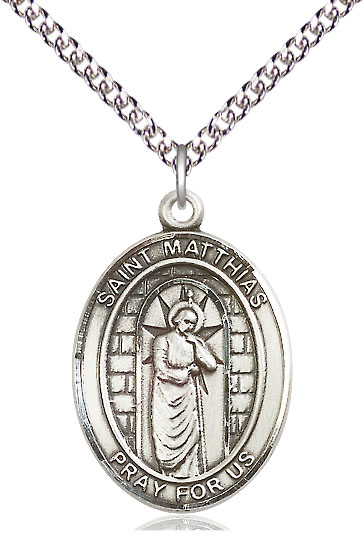 Sterling Silver Saint Matthias the Apostle Pendant on a 24 inch Sterling Silver Heavy Curb chain