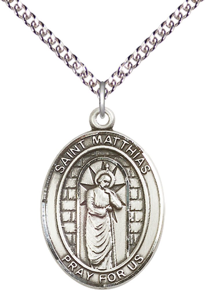 Sterling Silver Saint Matthias the Apostle Pendant on a 24 inch Sterling Silver Heavy Curb chain