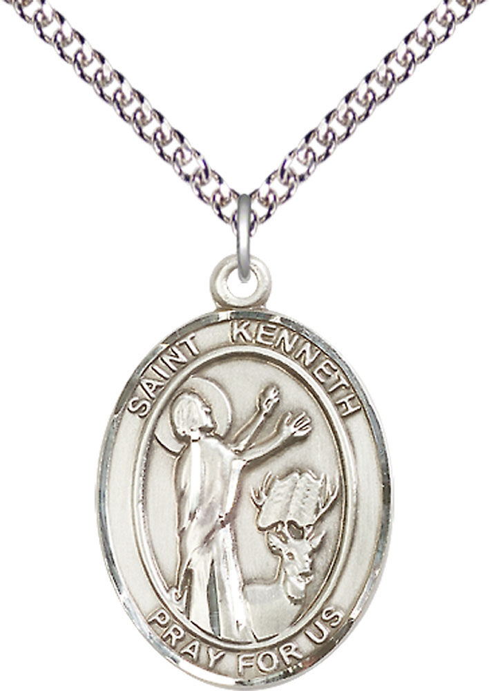 Sterling Silver Saint Kenneth Pendant on a 24 inch Sterling Silver Heavy Curb chain