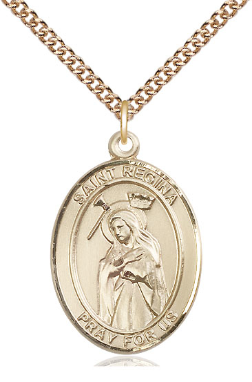14kt Gold Filled Saint Regina Pendant on a 24 inch Gold Filled Heavy Curb chain