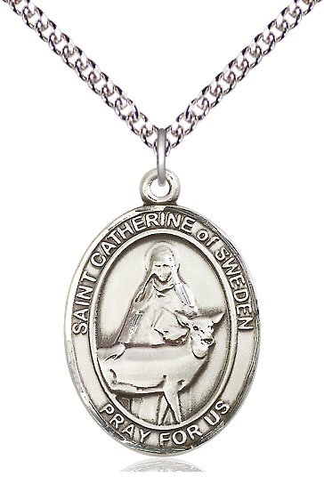 Sterling Silver Saint Catherine of Sweden Pendant on a 24 inch Sterling Silver Heavy Curb chain