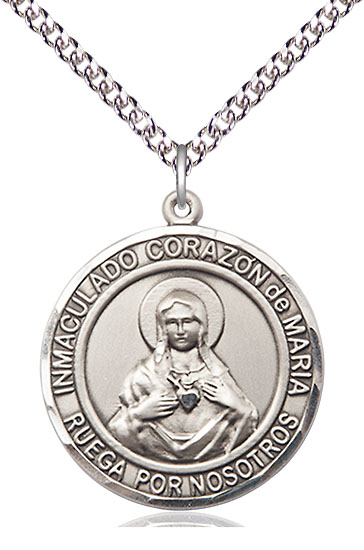 Sterling Silver Corazon Inmaculado de Maria Pendant on a 24 inch Sterling Silver Heavy Curb chain