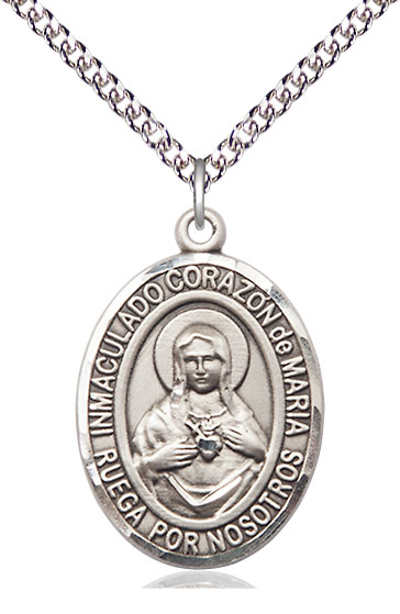 Sterling Silver Corazon Inmaculado de Maria Pendant on a 24 inch Sterling Silver Heavy Curb chain