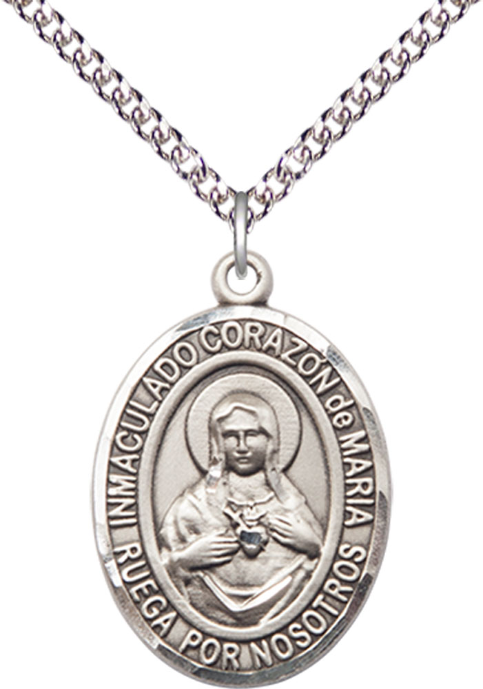 Sterling Silver Corazon Inmaculado de Maria Pendant on a 24 inch Sterling Silver Heavy Curb chain