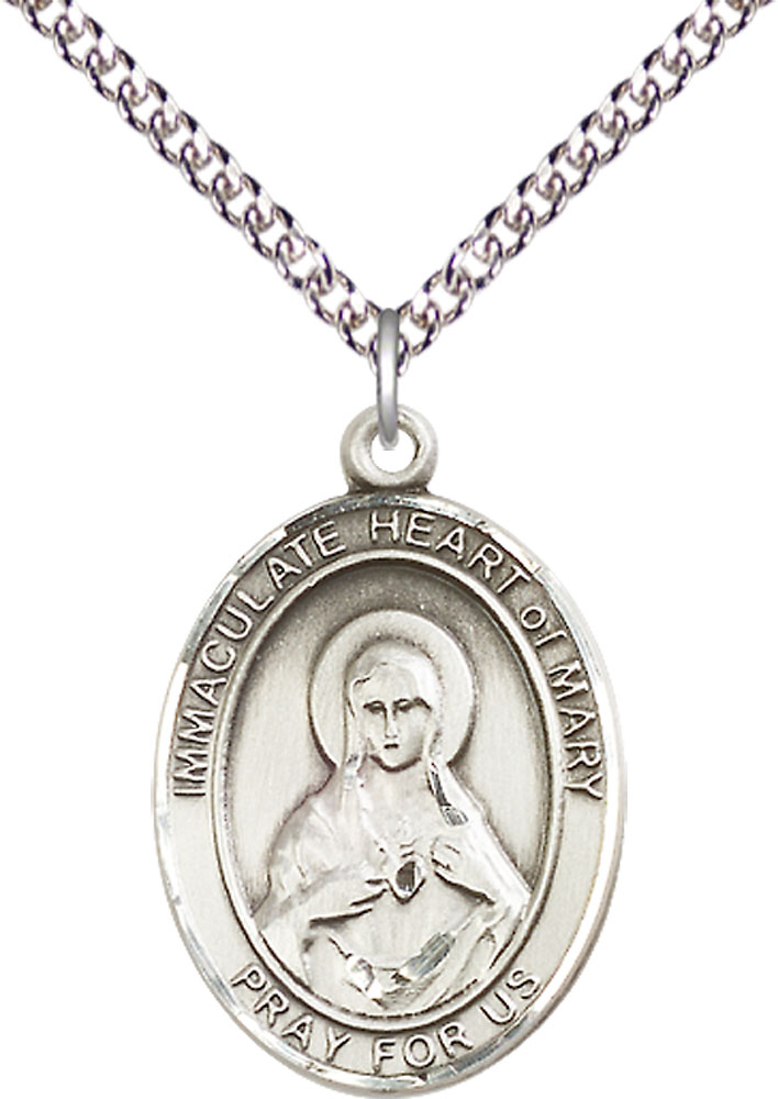 Sterling Silver Immaculate Heart of Mary Pendant on a 24 inch Sterling Silver Heavy Curb chain