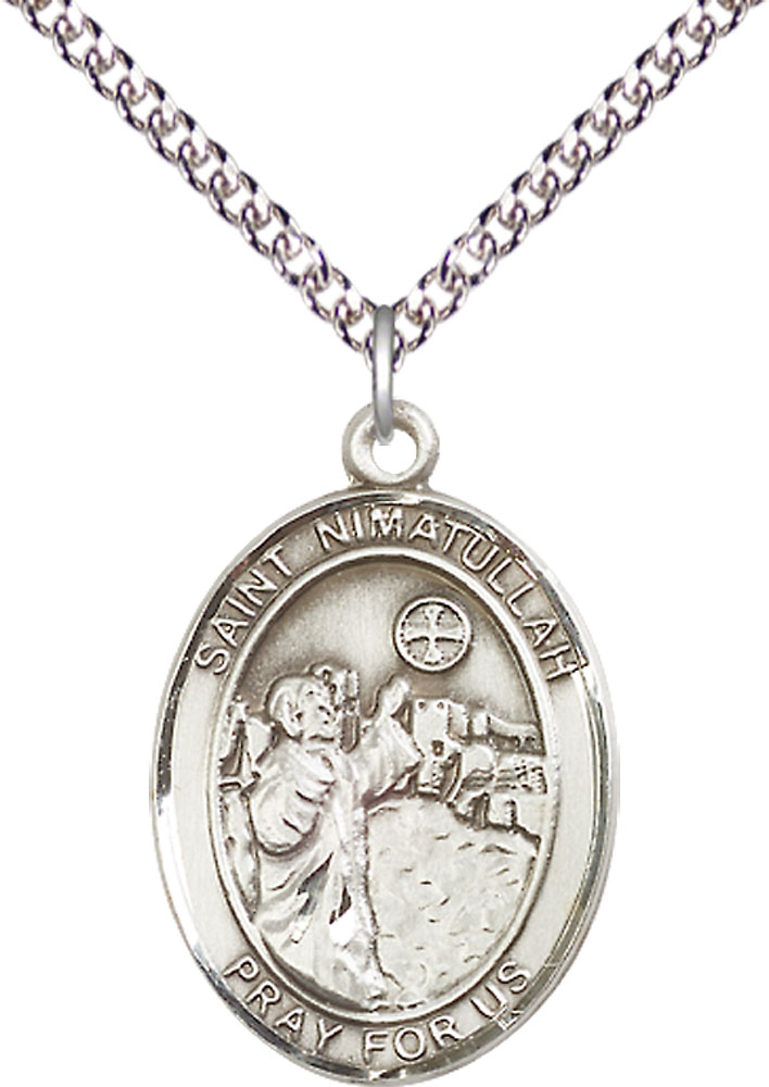 Sterling Silver Saint Nimatullah Pendant on a 24 inch Sterling Silver Heavy Curb chain