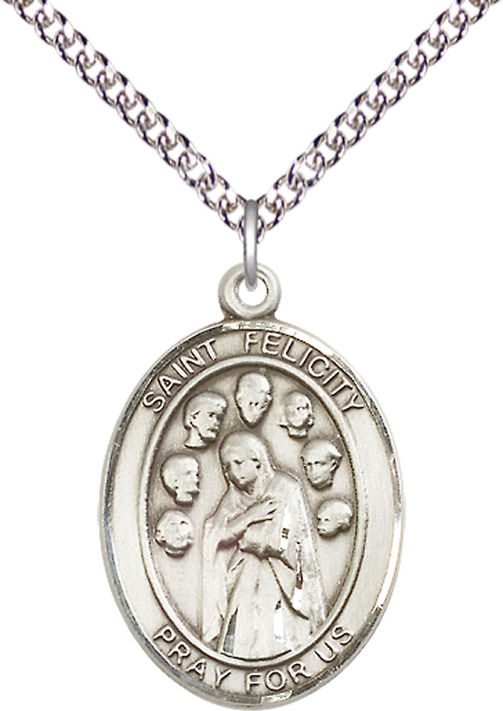 Sterling Silver Saint Felicity Pendant on a 24 inch Sterling Silver Heavy Curb chain