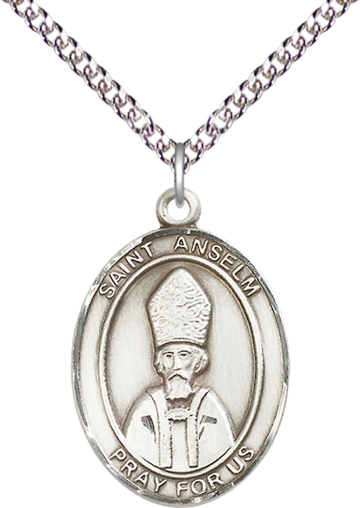 Sterling Silver Saint Anselm of Canterbury Pendant on a 24 inch Sterling Silver Heavy Curb chain
