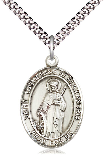 Sterling Silver Saint Catherine of Alexandria Pendant on a 24 inch Light Rhodium Heavy Curb chain