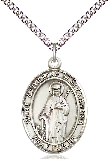 Sterling Silver Saint Catherine of Alexandria Pendant on a 24 inch Sterling Silver Heavy Curb chain